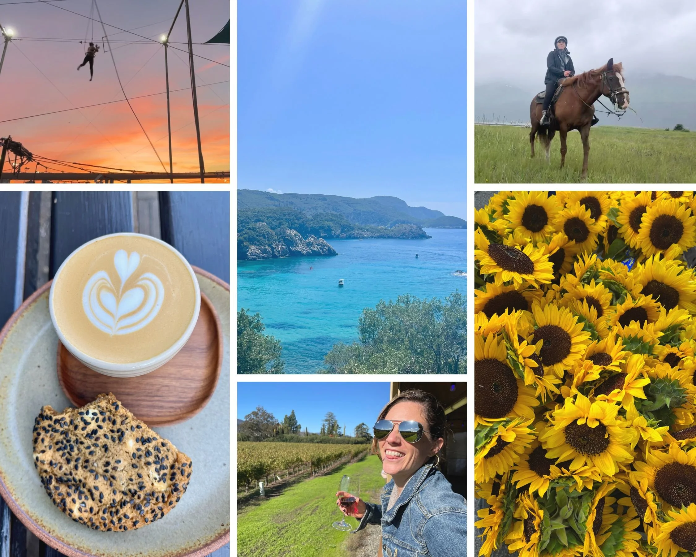 Collage of photos including coffee, flowers, and woman outdoors.