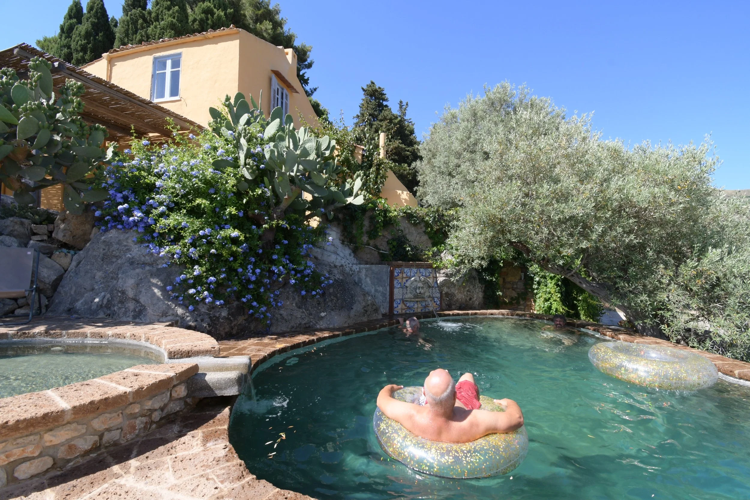 People relaxing in a backyard swimming pool with colorful float rings, beige brick edge, surrounded by greenery including cactus and trees, under a clear blue sky near a yellow house with white window frames.