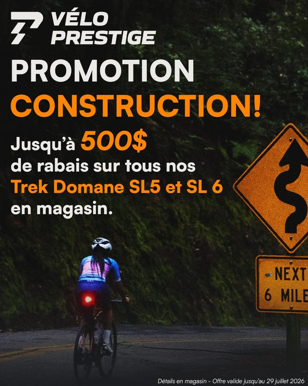 Promotion de la construction! 🚧
Venez profiter de nos meilleurs prix de la saison sur plusieurs de nos v&eacute;los les plus populaires! 🚴&zwj;♂️

⭐️ Obtenez 500$ de rabais sur tous nos Trek Domane SL5 et SL6 en magasin.
⭐️ Obtenez jusqu'&agrave; 7