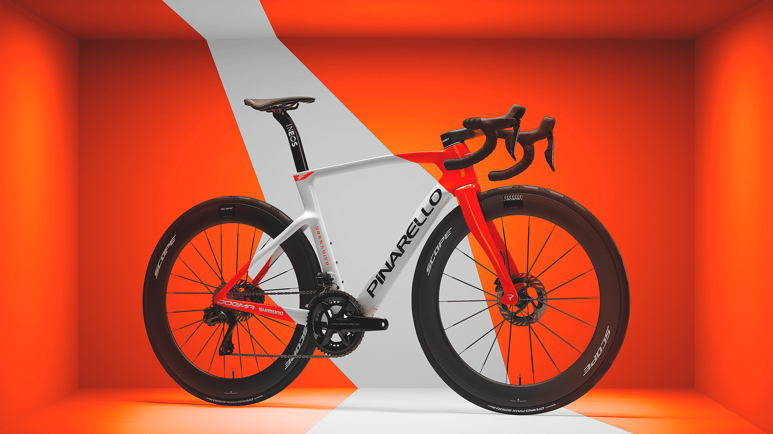 A modern racing bicycle with a white and red frame, black wheels, and drop handlebars, positioned in a vibrant orange and white photo studio background.