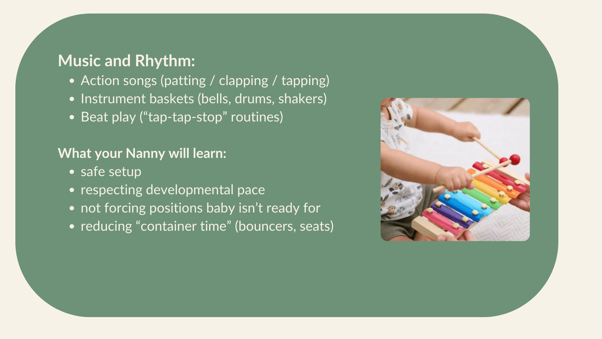 A child holding a colorful toy xylophone, with a beige background and green text box containing information about music and rhythm activities for babies and caregivers, including a list of what the caregiver will learn.