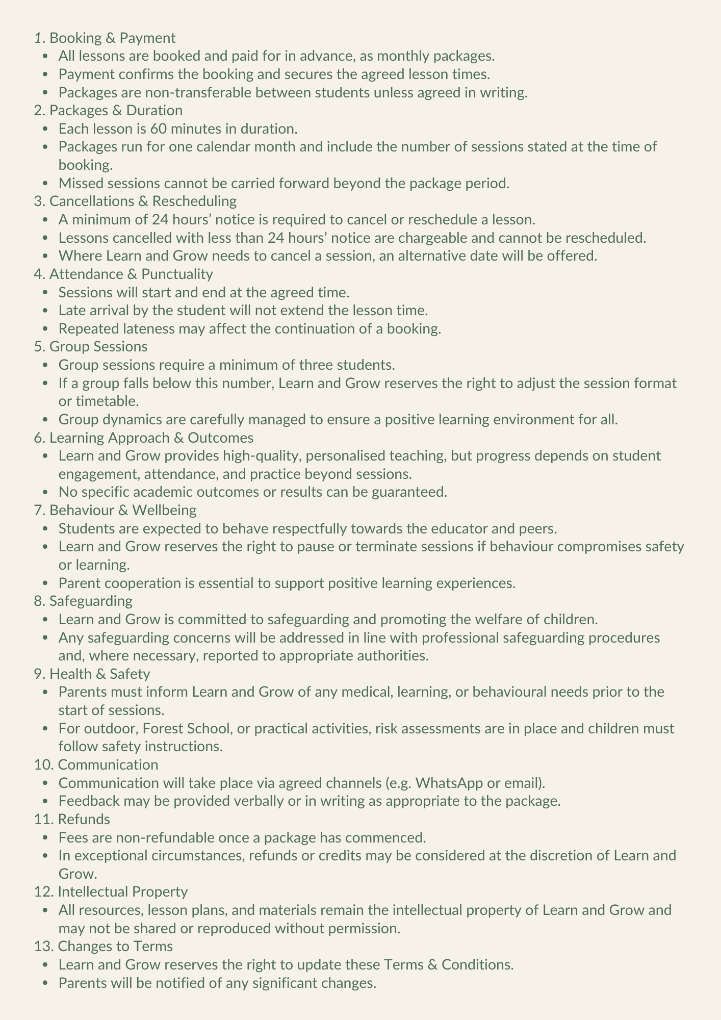 A detailed text-based document outlining policies and procedures related to booking, payment, packages, cancellations, attendance, group sessions, outcomes, behavior, safety, communication, refunds, intellectual property, and terms for a learning or childcare service.