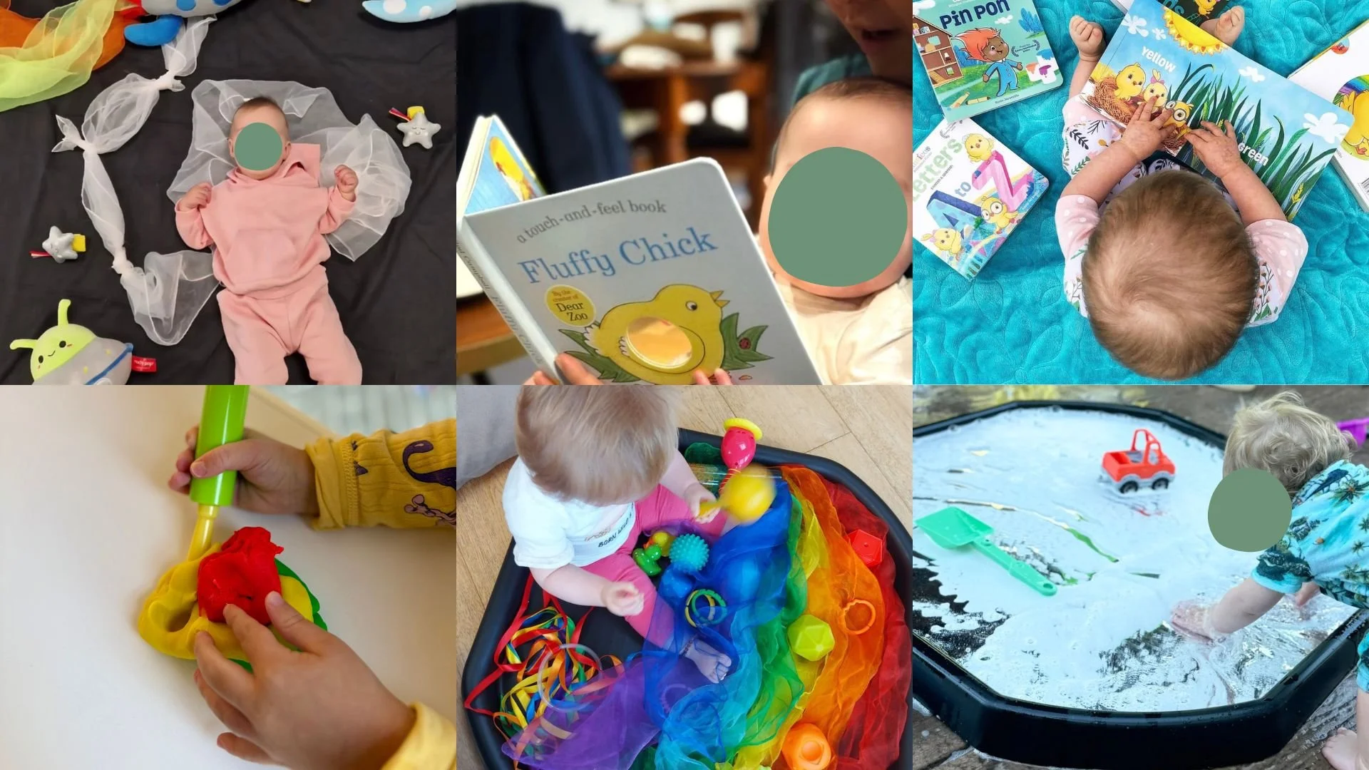 Collage of six children engaging in various play activities, including lying on a blanket with toys, reading a book, playing with sensory and water toys, and drawing with a marker.