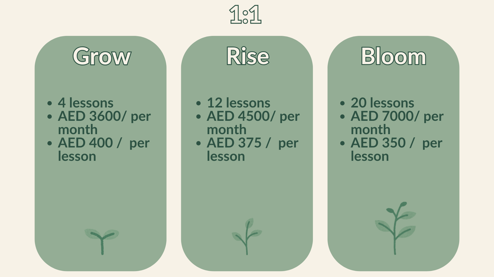 A graphic showing the growth stages of a plant, divided into three columns labeled Grow, Rise, and Bloom, with information about lessons and costs for each stage.