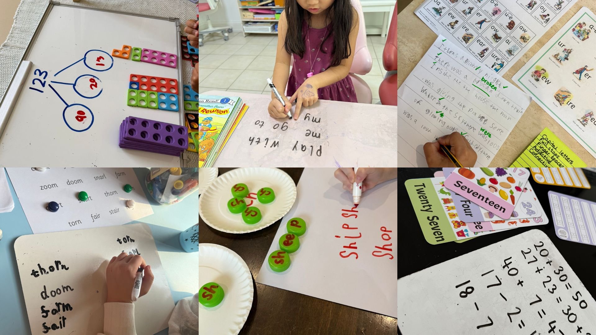 Collage of children engaging in educational activities such as math, reading, writing, and spelling exercises using paper, whiteboards, flashcards, and manipulatives.