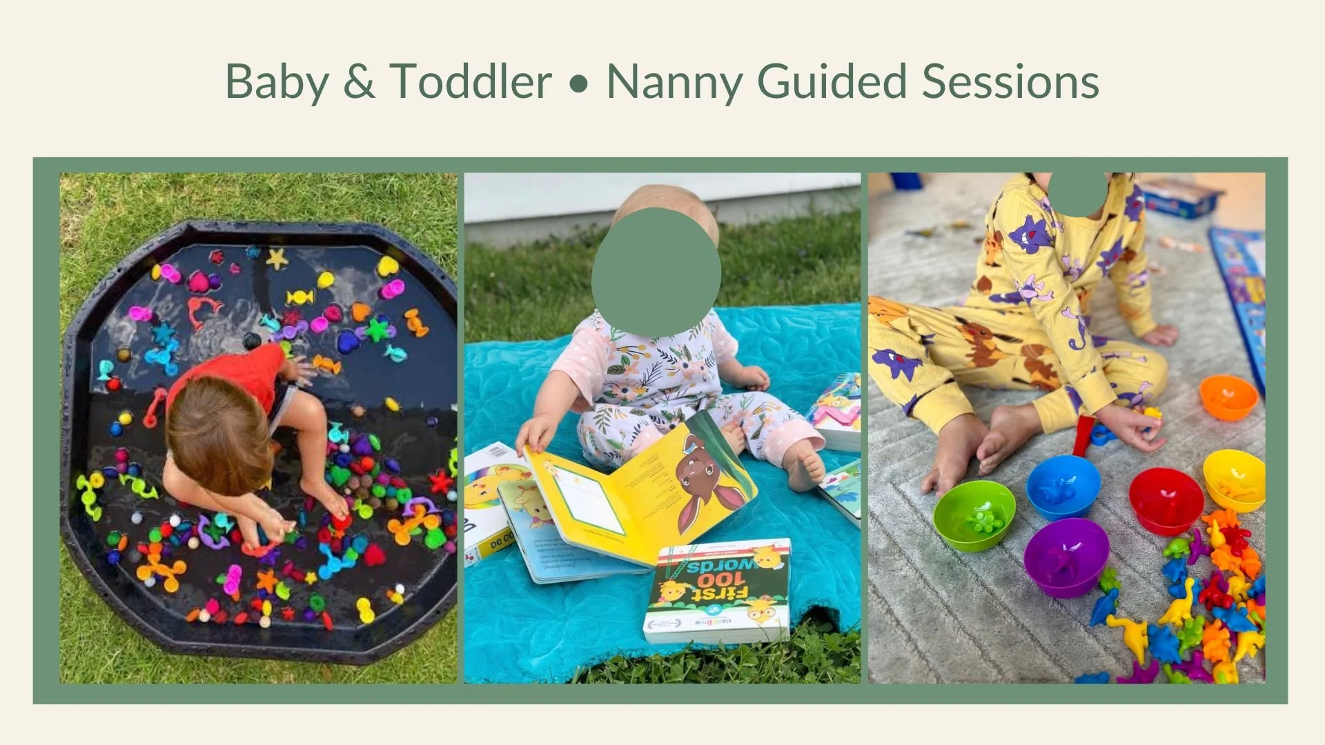 Baby and Toddler home learning classes in the UAE, three young children playing with hands-on activities, guided by their nanny with the help of Learn and Grow UAE.