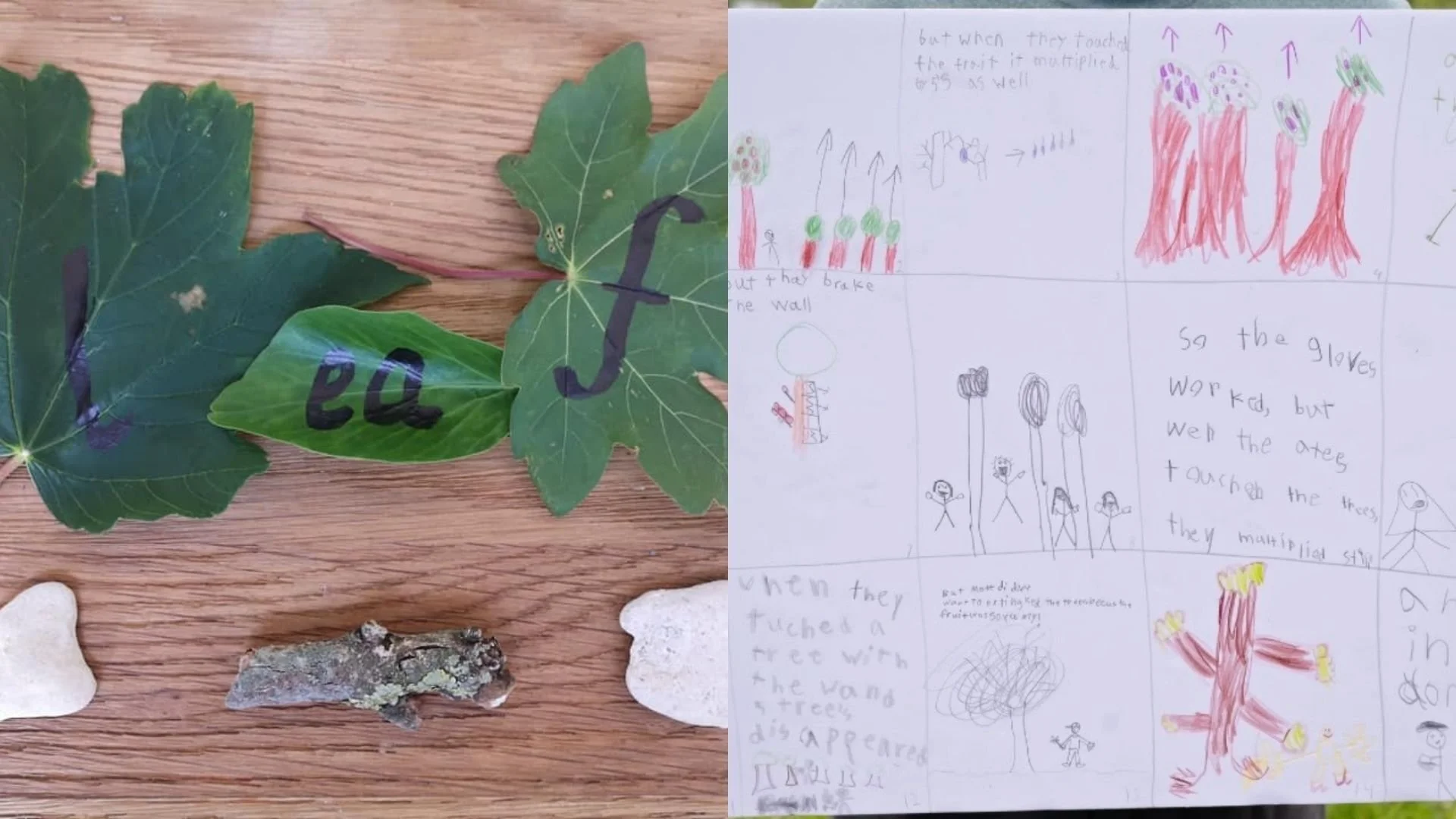 A collage of leaves, including green and variegated American ivy, and small pieces of stone or shell, arranged on a wooden surface, alongside a child's colorful drawings and writing about trees and plants.