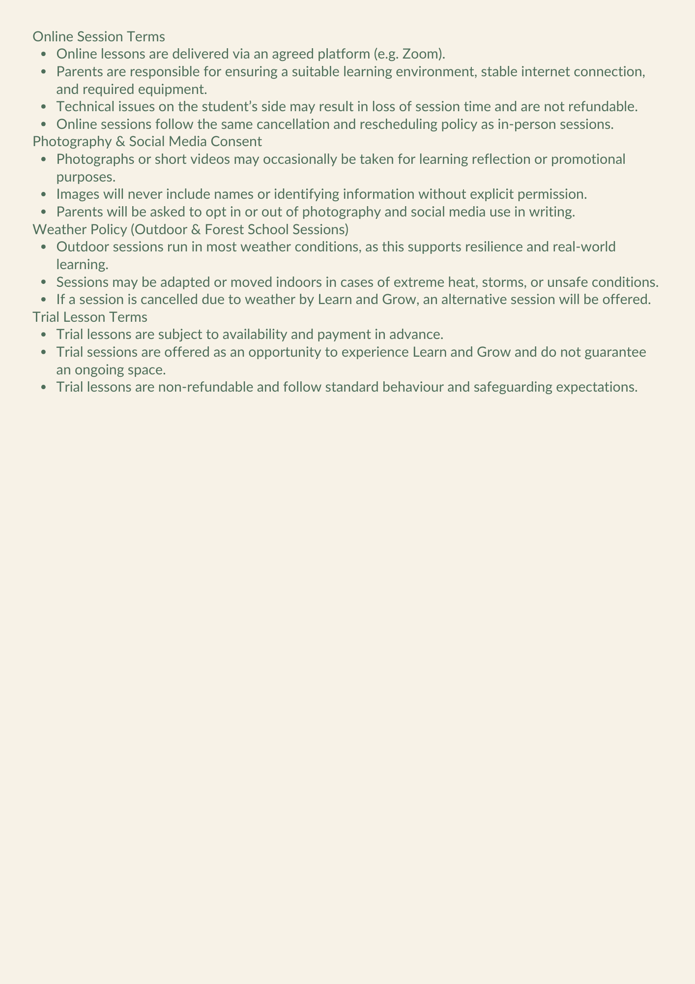 A detailed list of online session terms, photography & social media consent policies, weather policies for outdoor and forest school sessions, and trial lesson terms for an educational program.