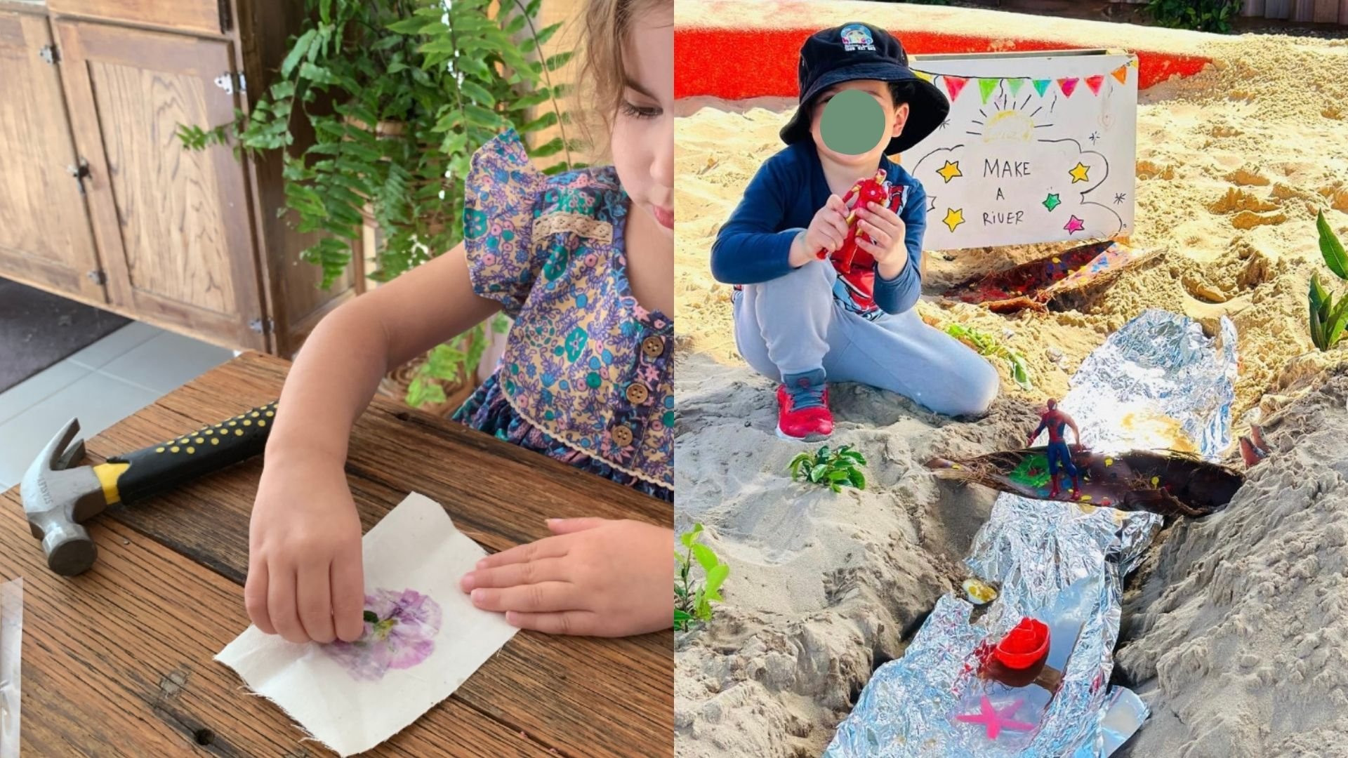 A young girl pressing flowers onto paper at a wooden table with a hammer nearby, and a young boy sitting on the sand near a small handmade bridge over aluminum foil river with a Spider-Man figurine, with a sign reading 'Make a River' behind him.