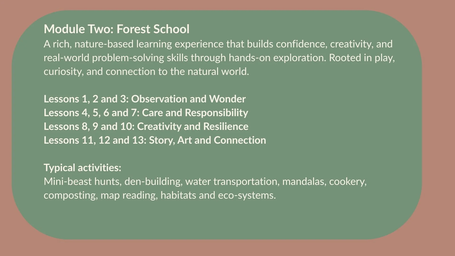 Text describing 'Module Two: Forest School' with details about nature-based learning activities, lessons, and typical activities such as mini-beast hunts and water transportation, on a pink background with a green text box.
