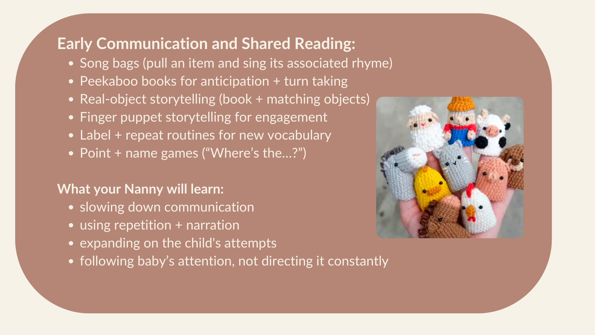 A hand holding a collection of small, knitted plush toys resembling animals and characters. The toys include a yellow chick, a white chicken, a gray mouse, a brown turkey, and other animal figures, all with tiny embroidered facial features.