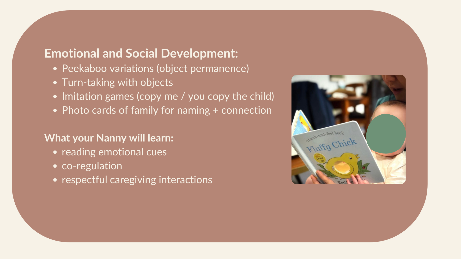 Nanny reading a children's book titled 'Fluffy Chick' to a baby in a cozy indoor setting.