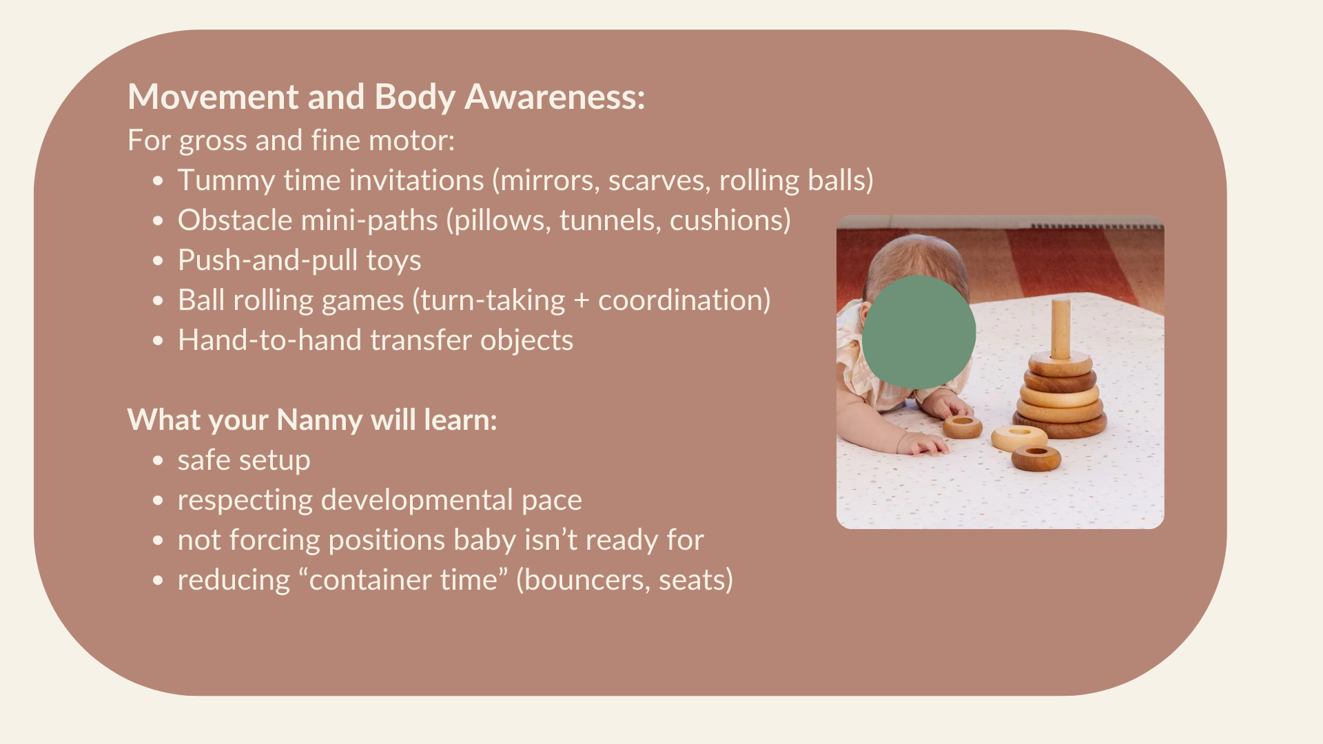 A baby crawling on a white speckled blanket next to wooden stacking toys and rings, with a blurred background.