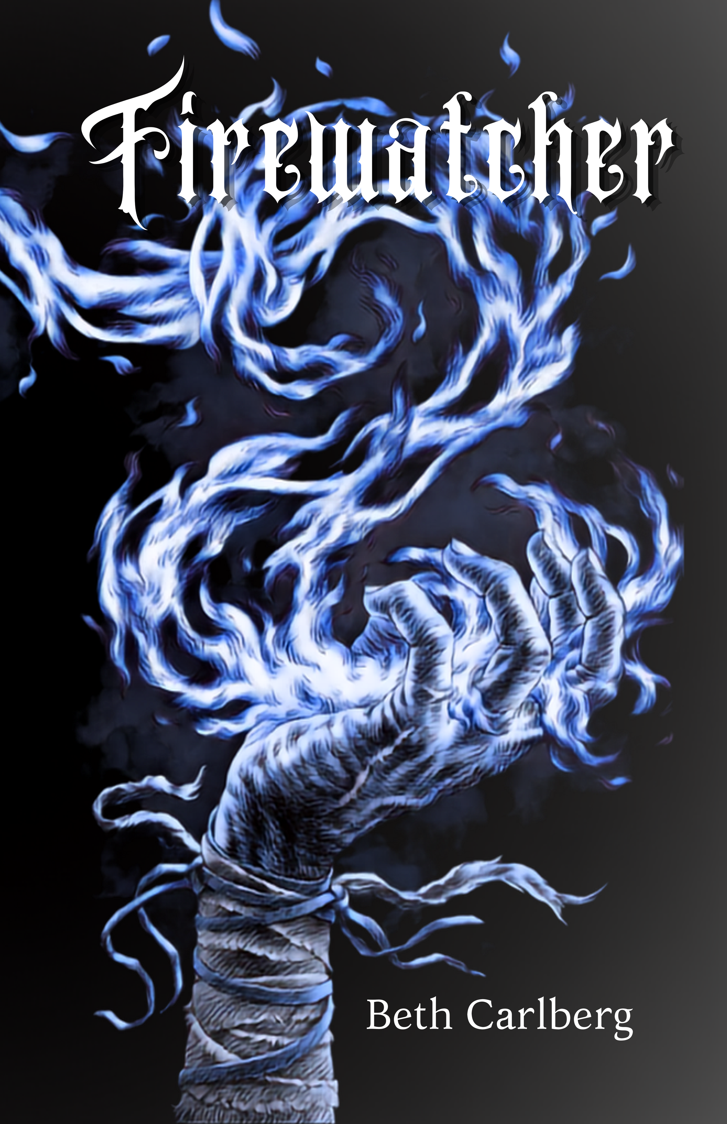 A dark, abstract artistic image of a human brain with blue and white flames emerging from it. The word 'Firewitter' is written in gothic font across the top, and the name 'Beth Carlberg' is at the bottom.