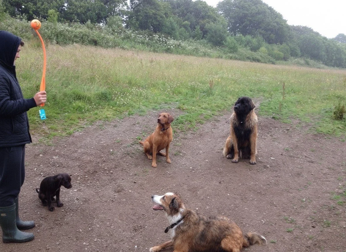 A person in black clothing and green rain boots holding an orange stick with a ball on top, standing outdoors on dirt with four dogs of different sizes and breeds nearby, with grassy field and trees in the background.
