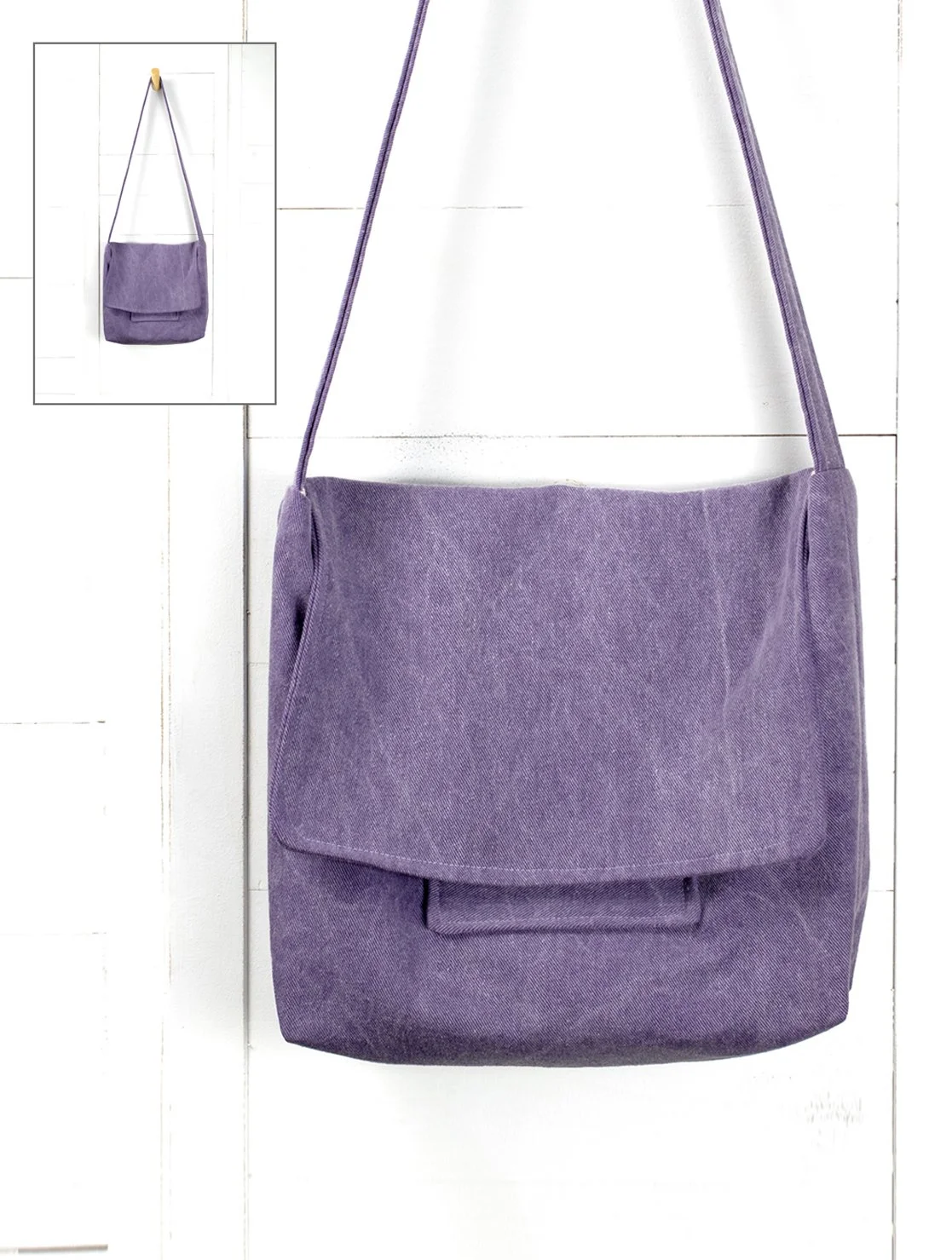 Lavender satchel - hanging on white divider - SS.jpg