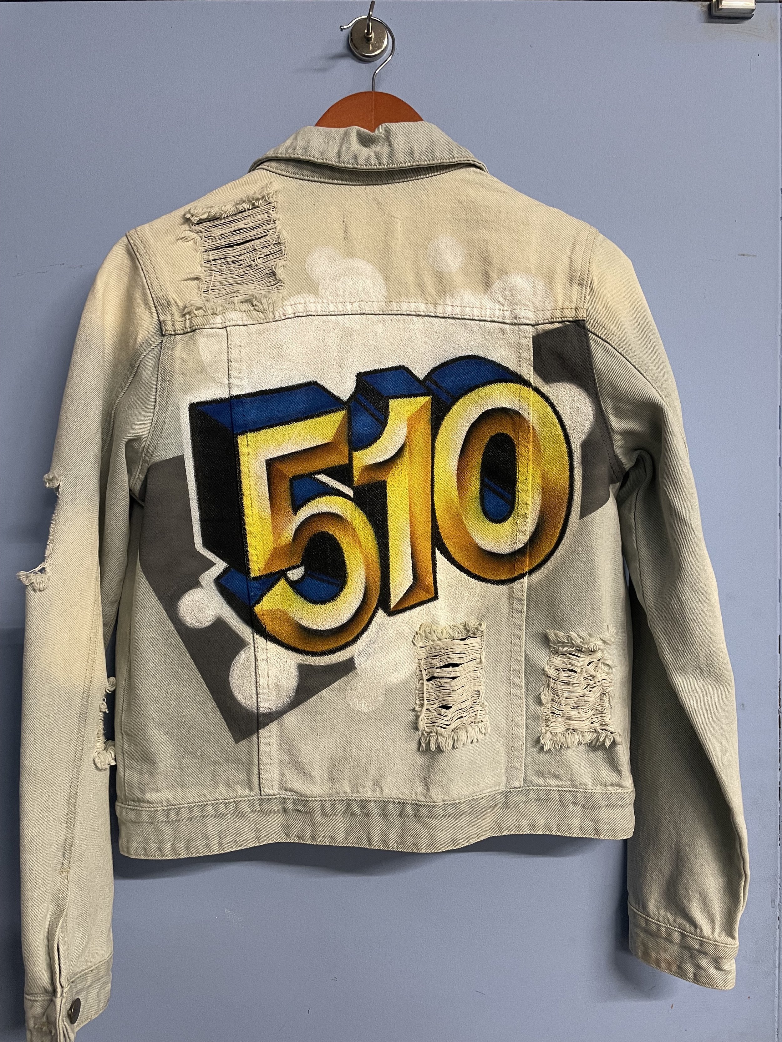 "510" - airbrush on denim jacket.