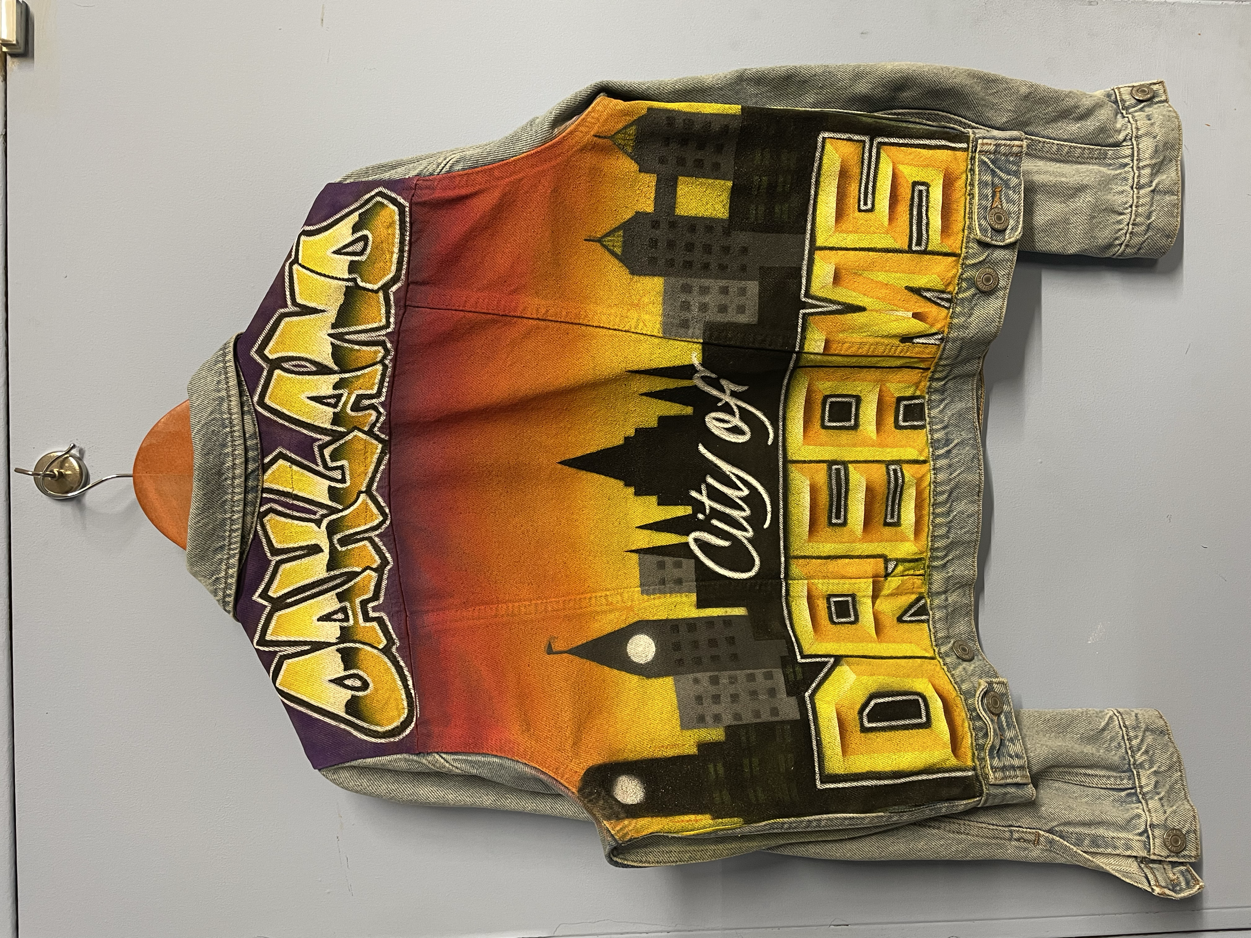"Oakland: City of Dreams" - airbrush on denim jacket.