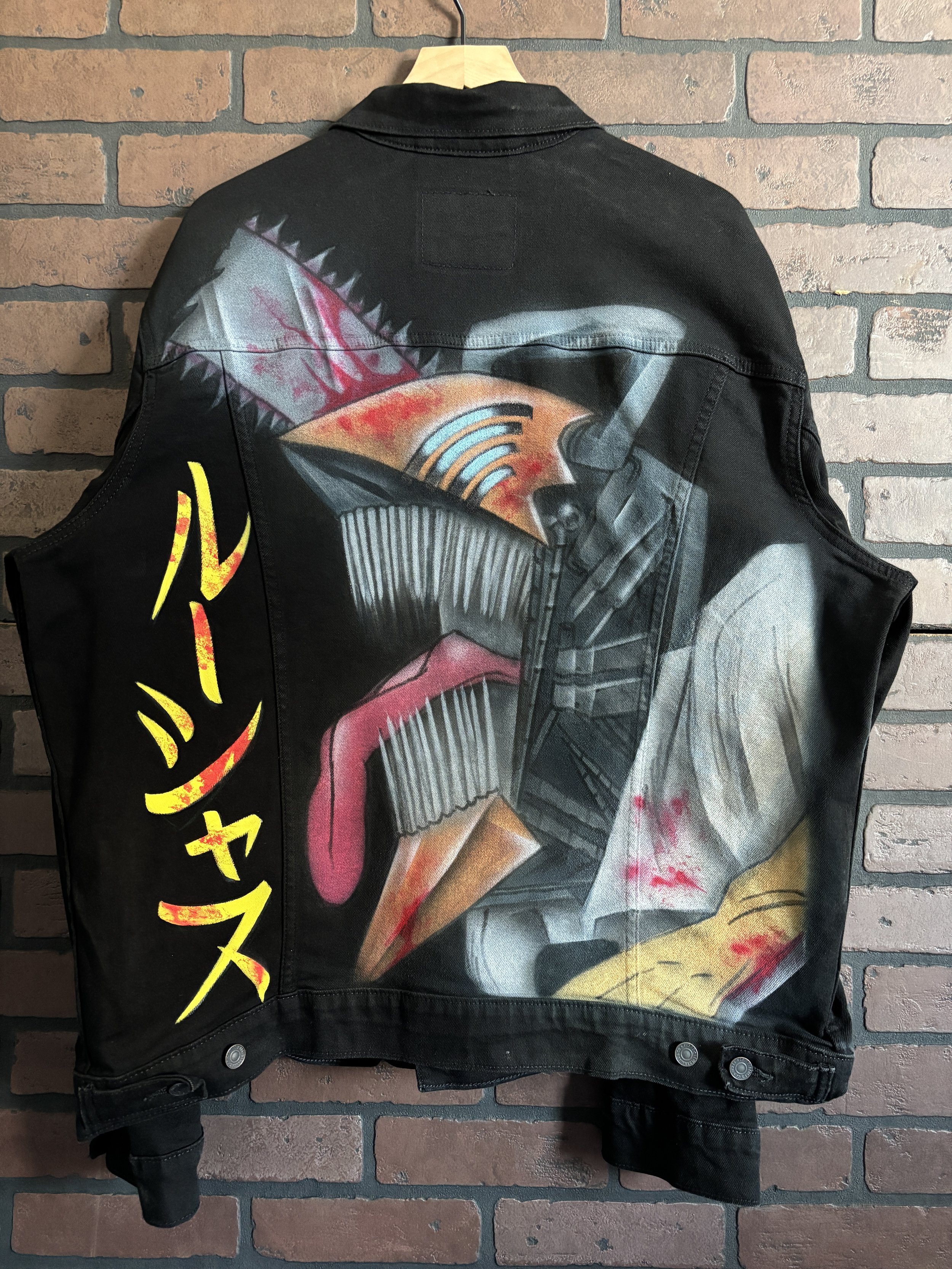 "Lucious//Chainsaw man" - airbrush on denim jacket.