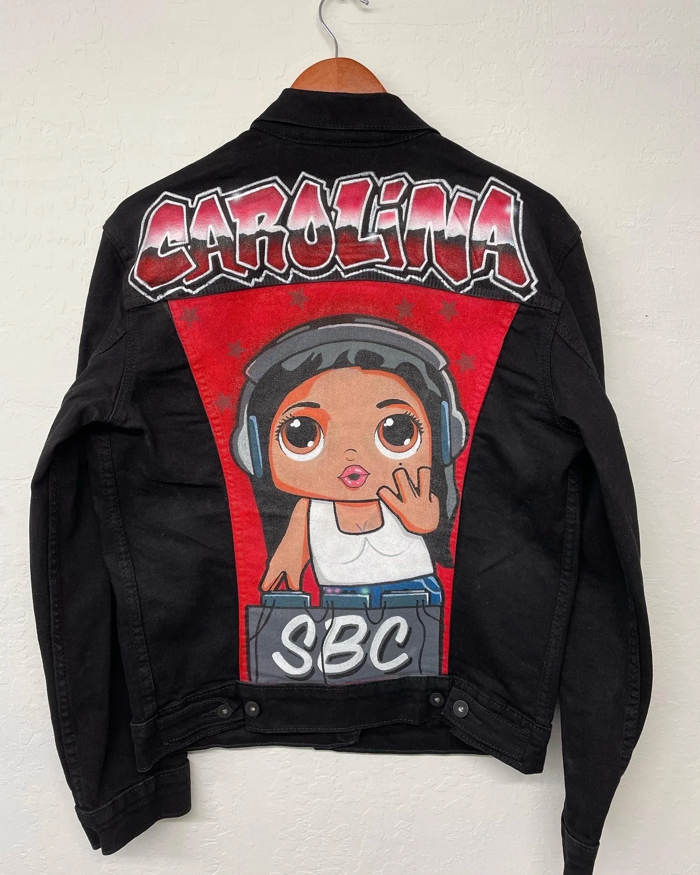 "DJ Carolina West - airbrush on denim jacket.