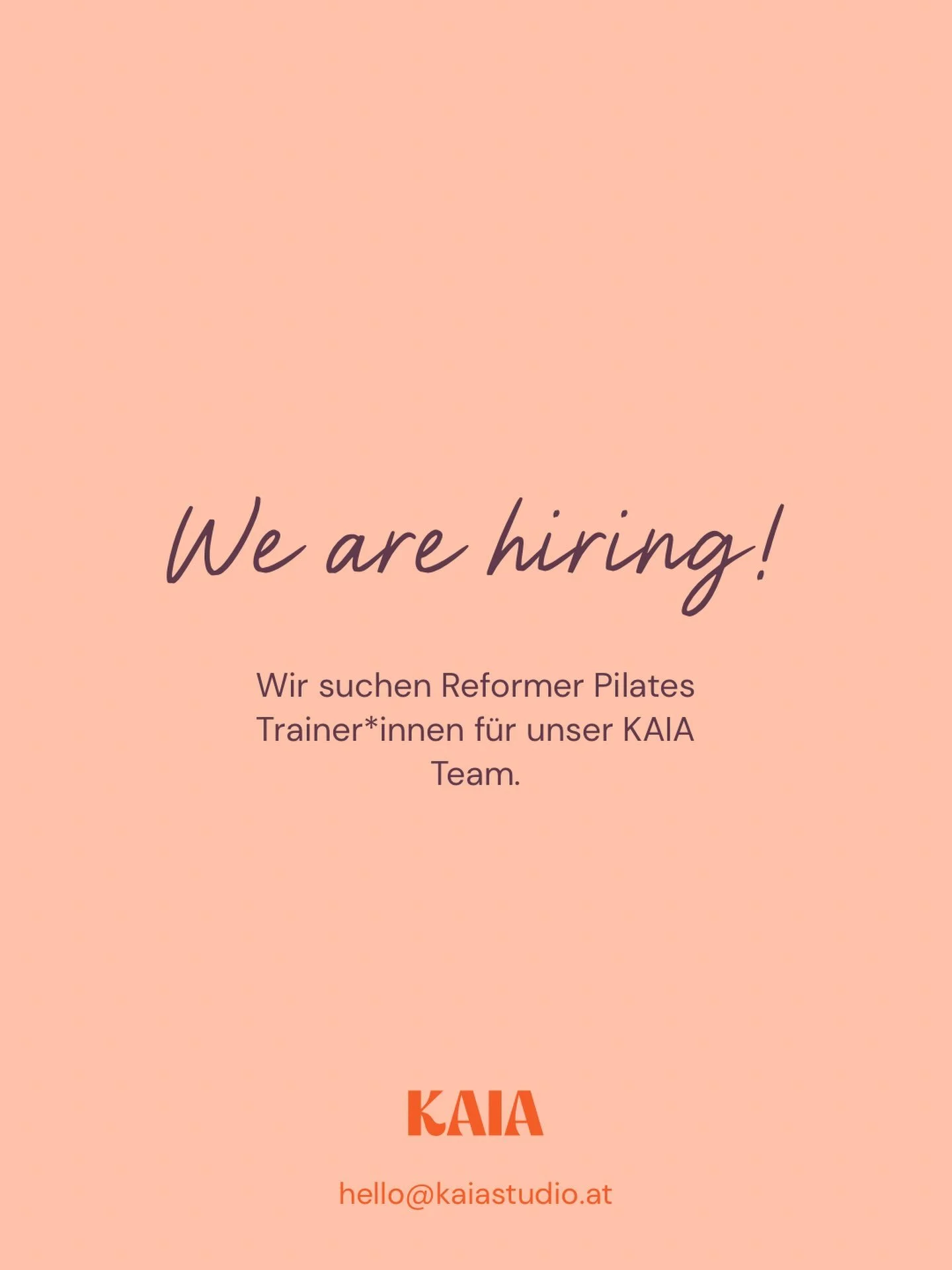 WE ARE HIRING 🧡

Wir suchen Reformer Pilates Trainer*innen f&uuml;r unser KAIA Team.

Wir freuen wir uns auf deine Nachricht!