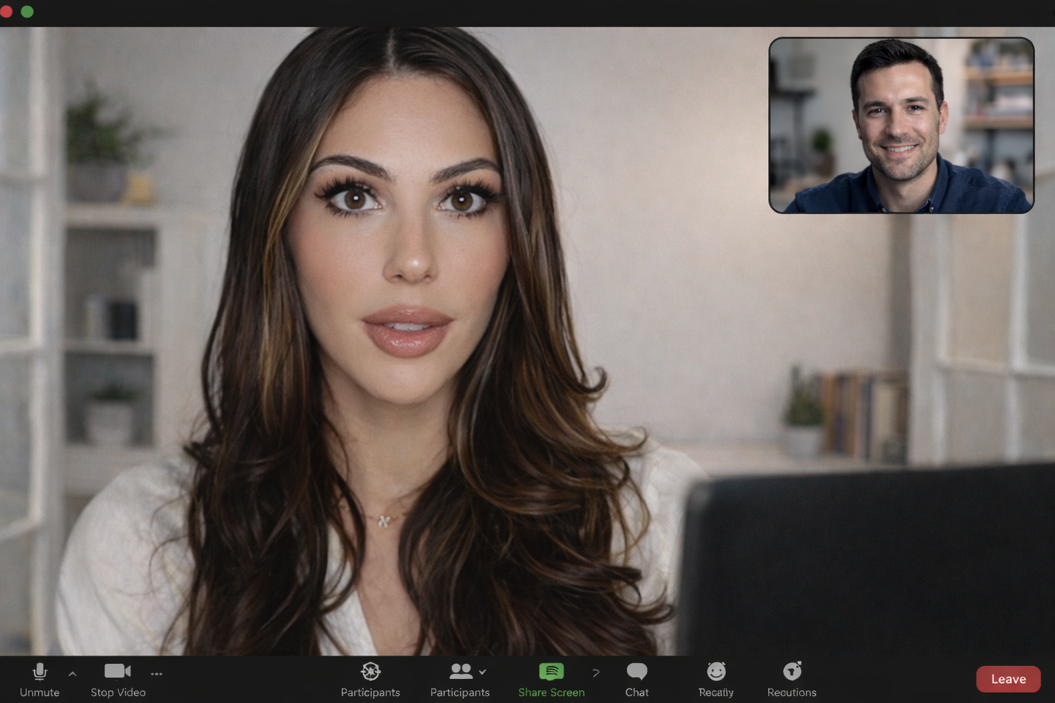 A woman is participating in a video call with a man. She has long brown hair, light makeup, and is wearing a white top. The man has short dark hair, a beard, and is wearing a blue shirt. They are in different indoor settings.