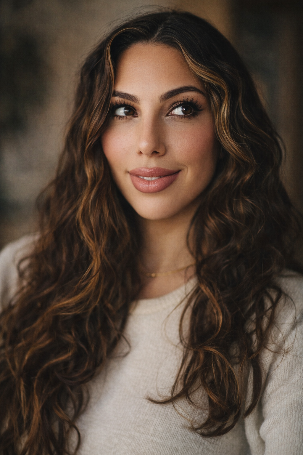 Close-up portrait of a woman with long, wavy brown hair and light makeup, smiling softly.