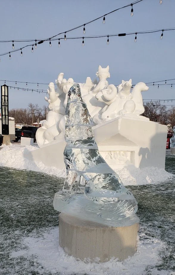 An ice sculpture of a wolf in the foreground with a snow sculpture of various animals, including a cat and a squirrel, in the background under string lights during winter.