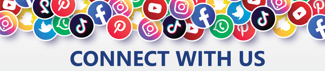 A collection of social media icons including Facebook, Twitter, Instagram, TikTok, Snapchat, WhatsApp, Pinterest, and YouTube, surrounding the text 'Connect with us'.