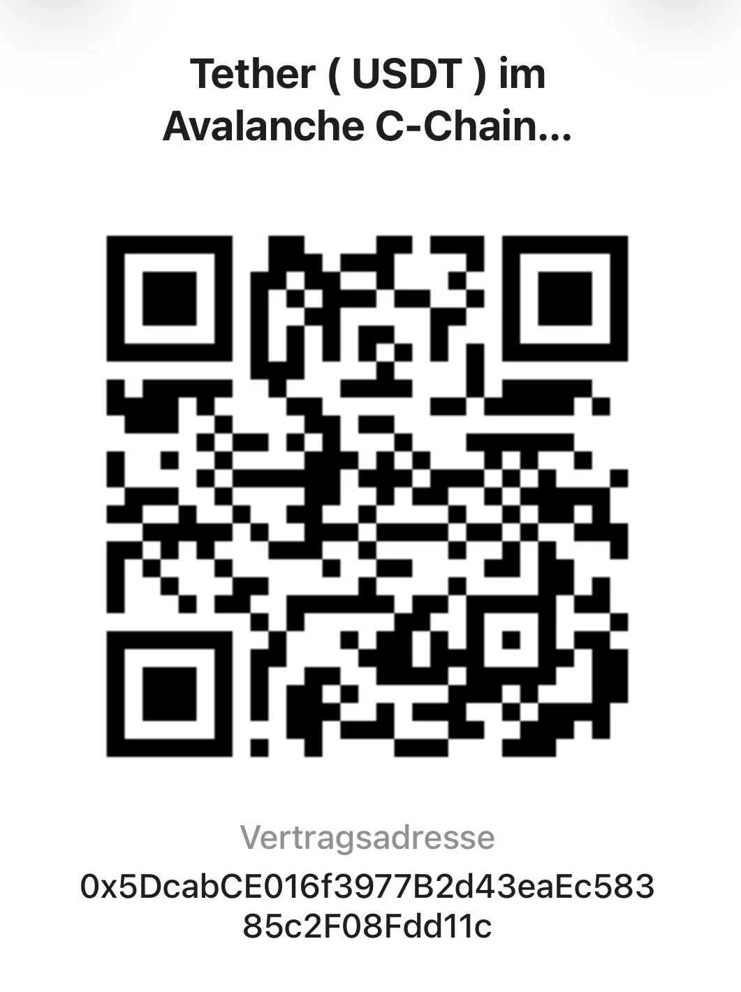 QR-Code mit Titel 'Tether (USDT) im Avalanche C-Chain...' und einer Vertragsadresse darunter