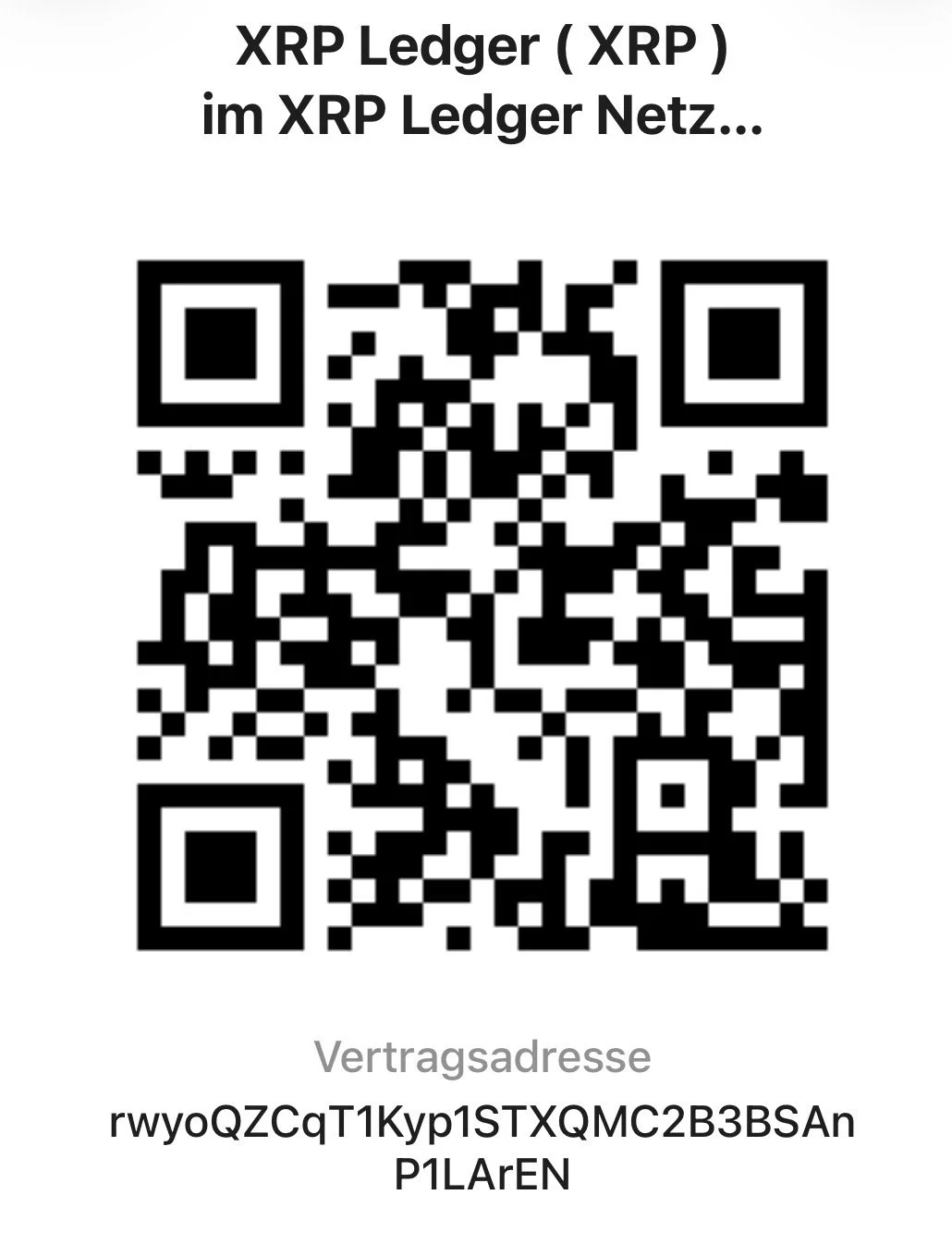 QR-Code mit Text 'XRP Ledger (XRP) im XRP Ledger Netz...' und einer Vertragsadresse darunter.