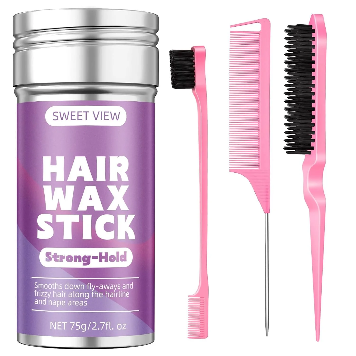 Hair Wax Stick & Slick Back Hair Brush for Tame Flyaways, Frizz, Sleek Ponytail, Buns | Pomade/Balm/Gel Stick for Woman, Styling Accessories for Girls