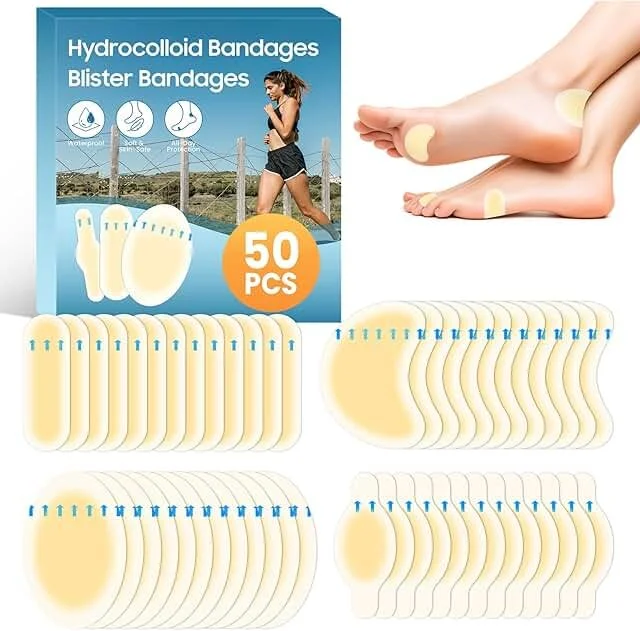 50Pcs Hydrocolloid Bandages, Blister Bandages for Feet - Waterproof Blister Pads Blister Cushions for Heel and Toe Protection, 4 Shape Blister Bandaids Variety Pack for Blister Prevention