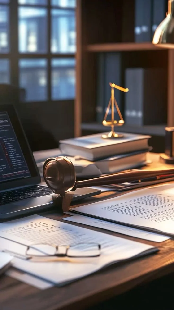 Legal workspace with gavel, microphone, open documents, glasses, books, and a scale of justice lamp on desk near a window.