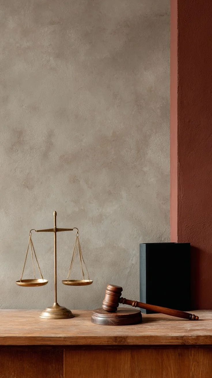 A justice scale, gavel, and sound block on a wooden table against a textured beige and red wall.