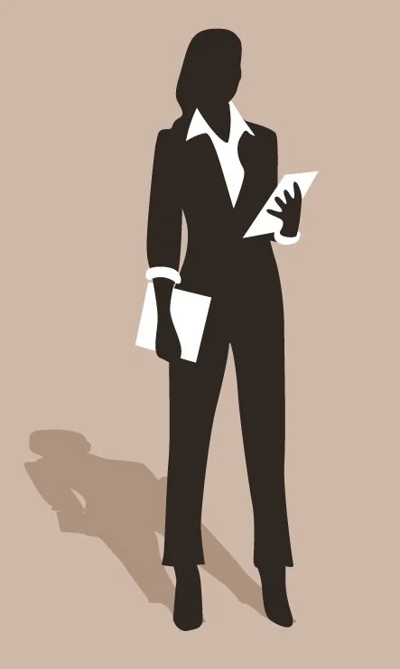 Silhouette of a woman in business attire holding a tablet and a folder, standing against a beige background.