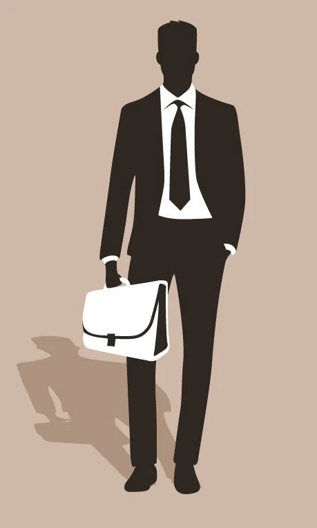 Silhouette of a man in a suit holding a briefcase, standing against a light background.