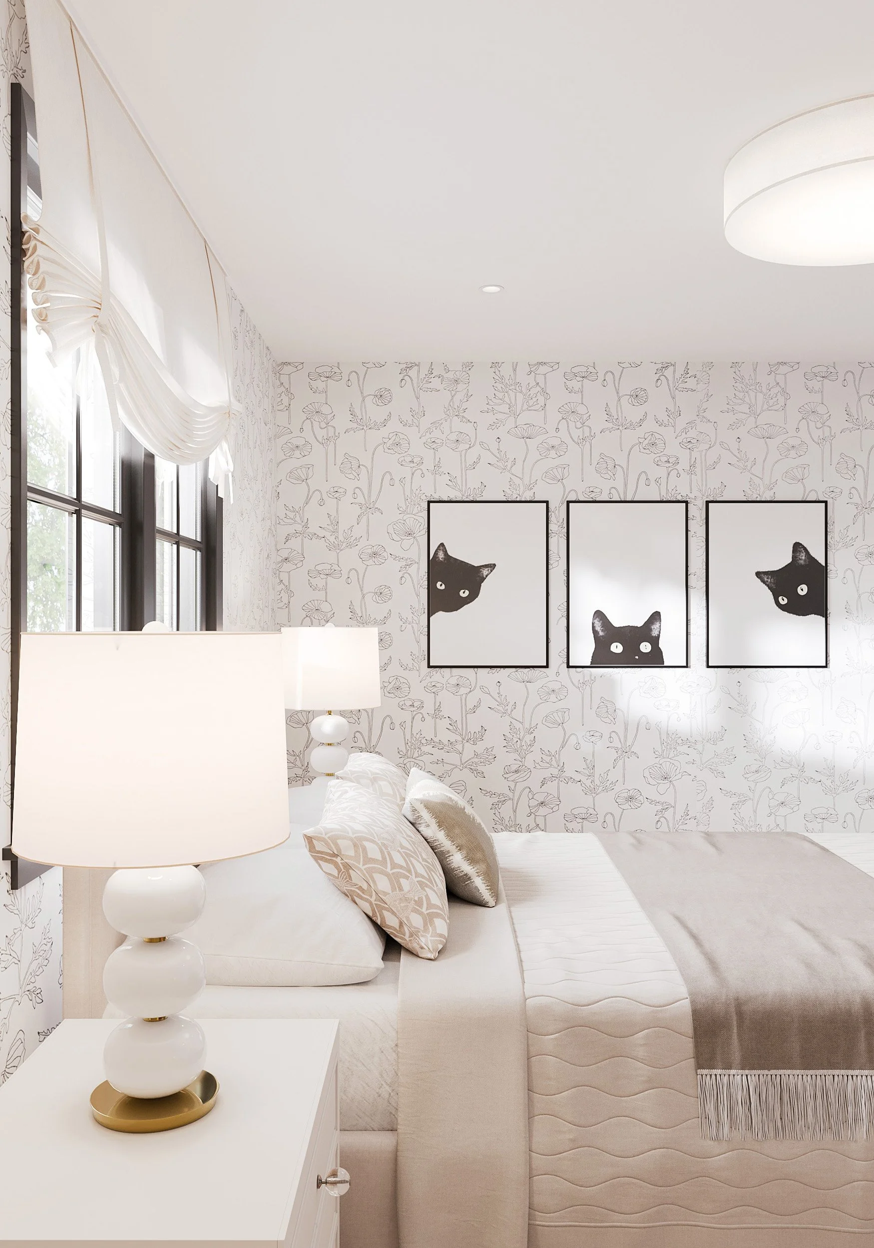 Detail view of bedding and wall art in girl's bedroom in Nanny Hagen House in Thornwood, NY.
