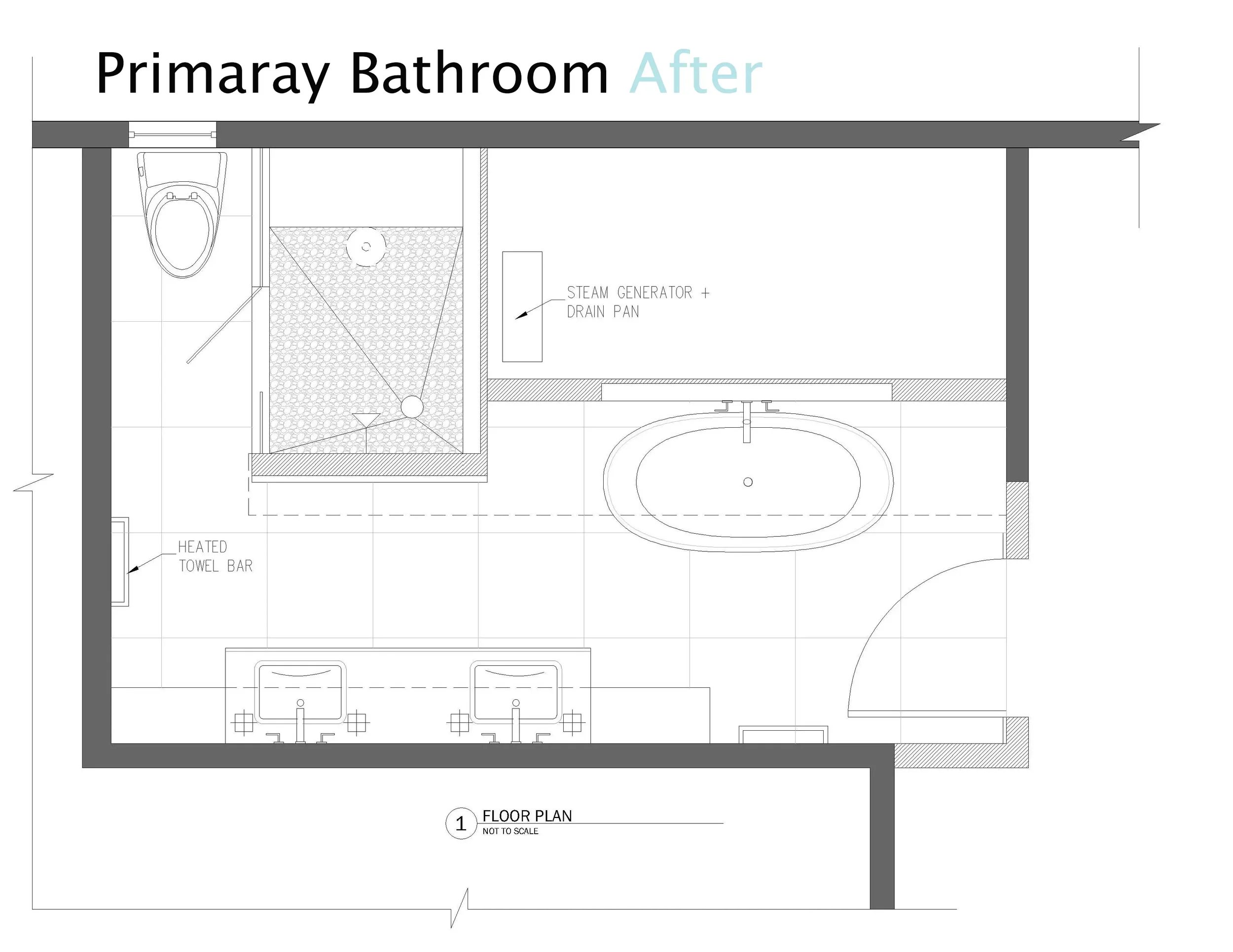 revised primary bathroom floor plan showing improved layout and spa tub