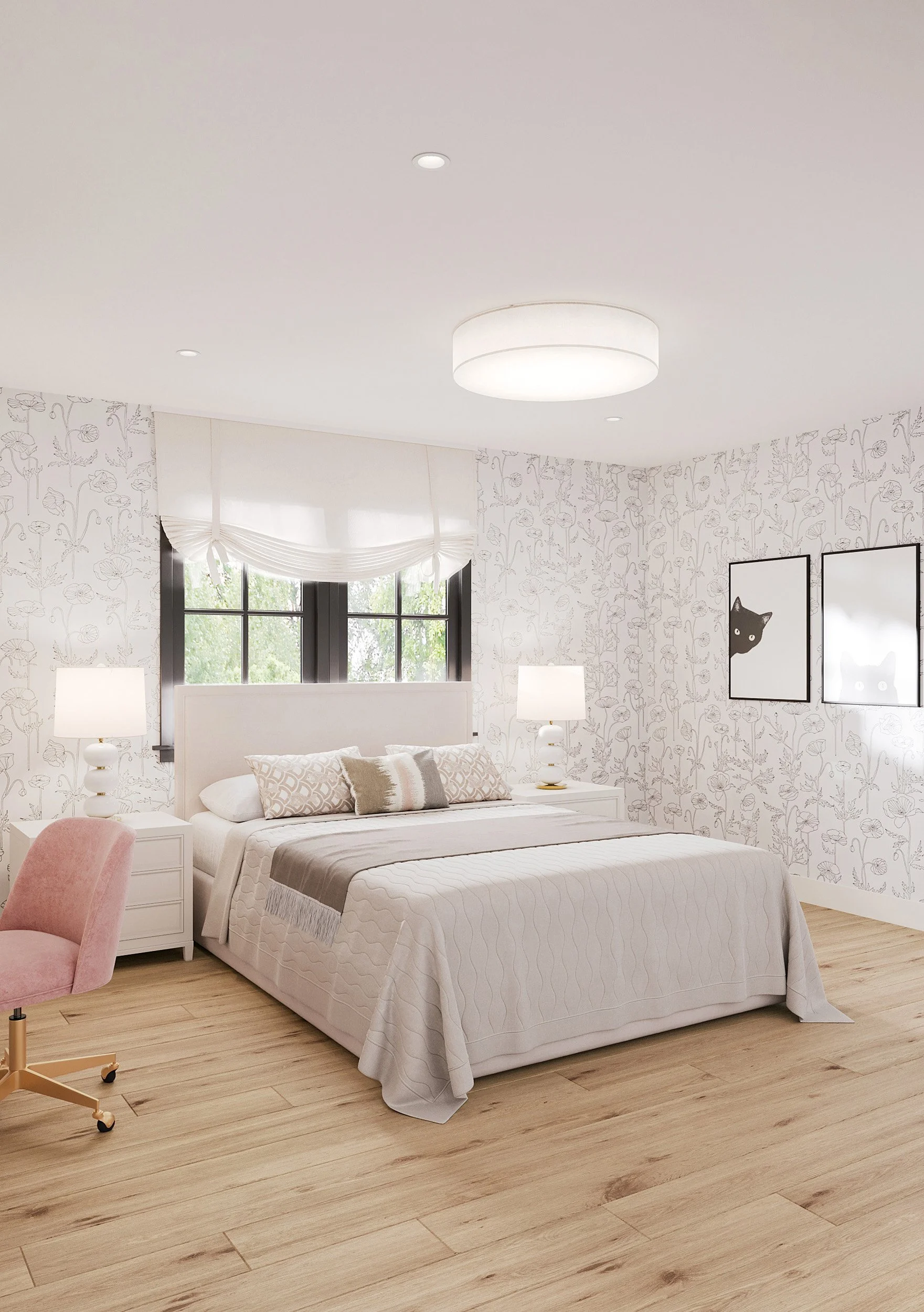 Close-up view of bed and window treatment in girl's bedroom in Nanny Hagen House in Thornwood, NY.