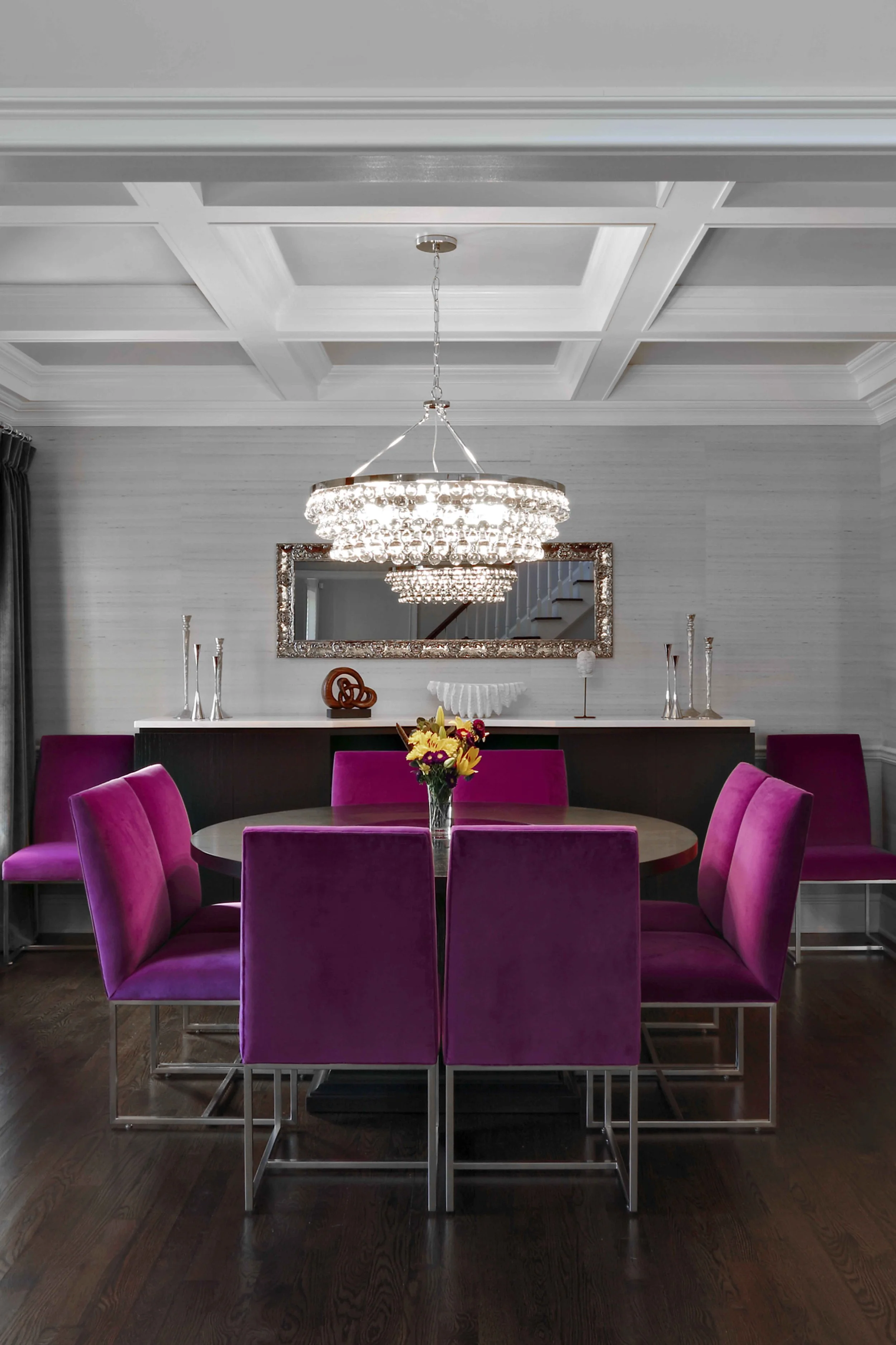 Detail of custom dining chair in Parkfield House in Scarsdale NY dining room.