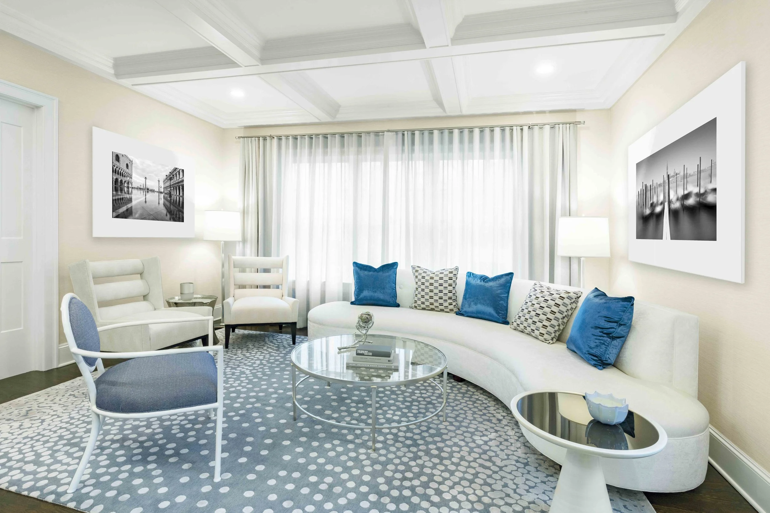 Wide view of the Glen Oaks living room in Rye, NY, highlighting custom furnishings, and a refined design by Luminosus Designs.