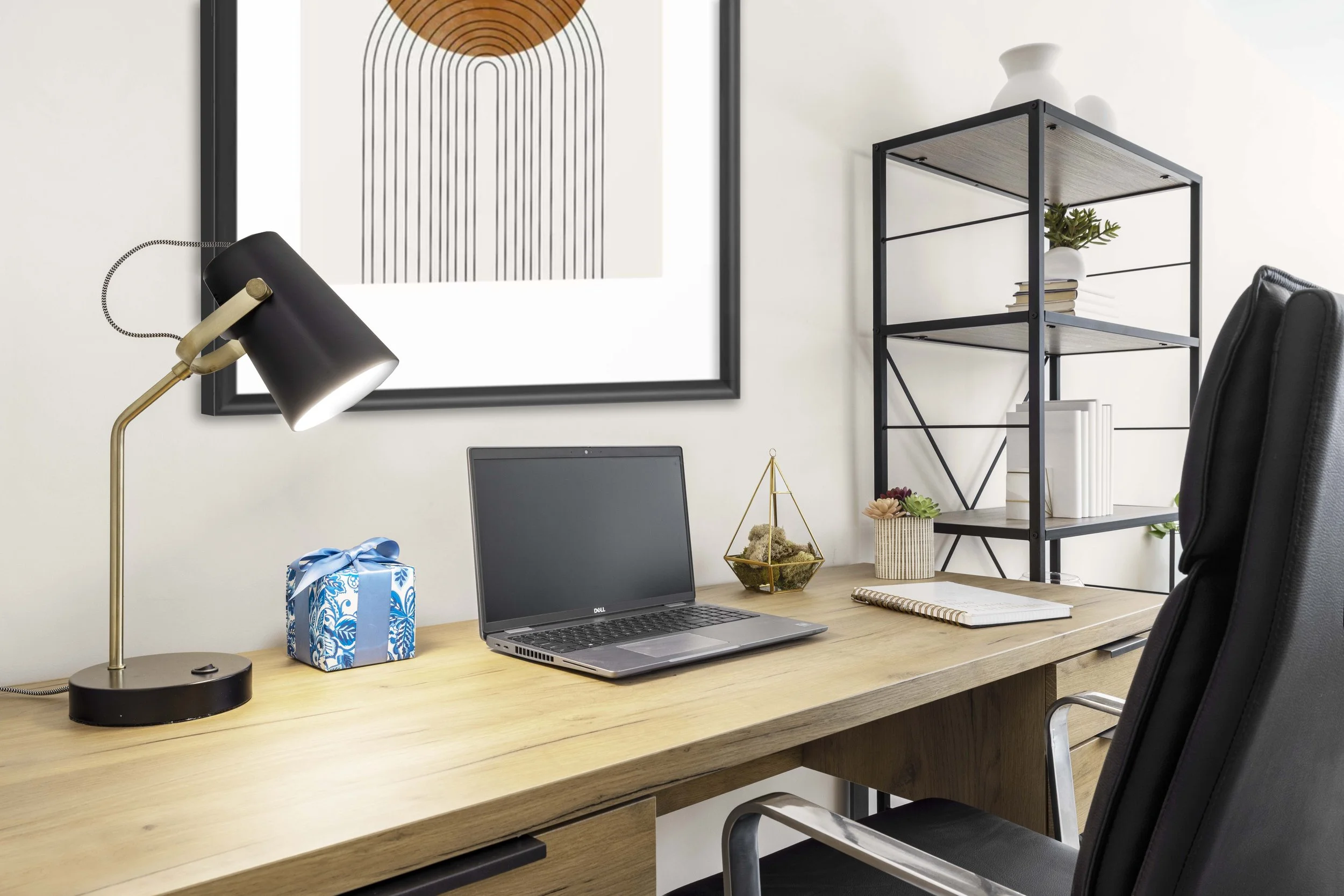 Detail of the desk in study area in the Gramercy Arms apartment, NYC designed for focused work within a compact footprint.