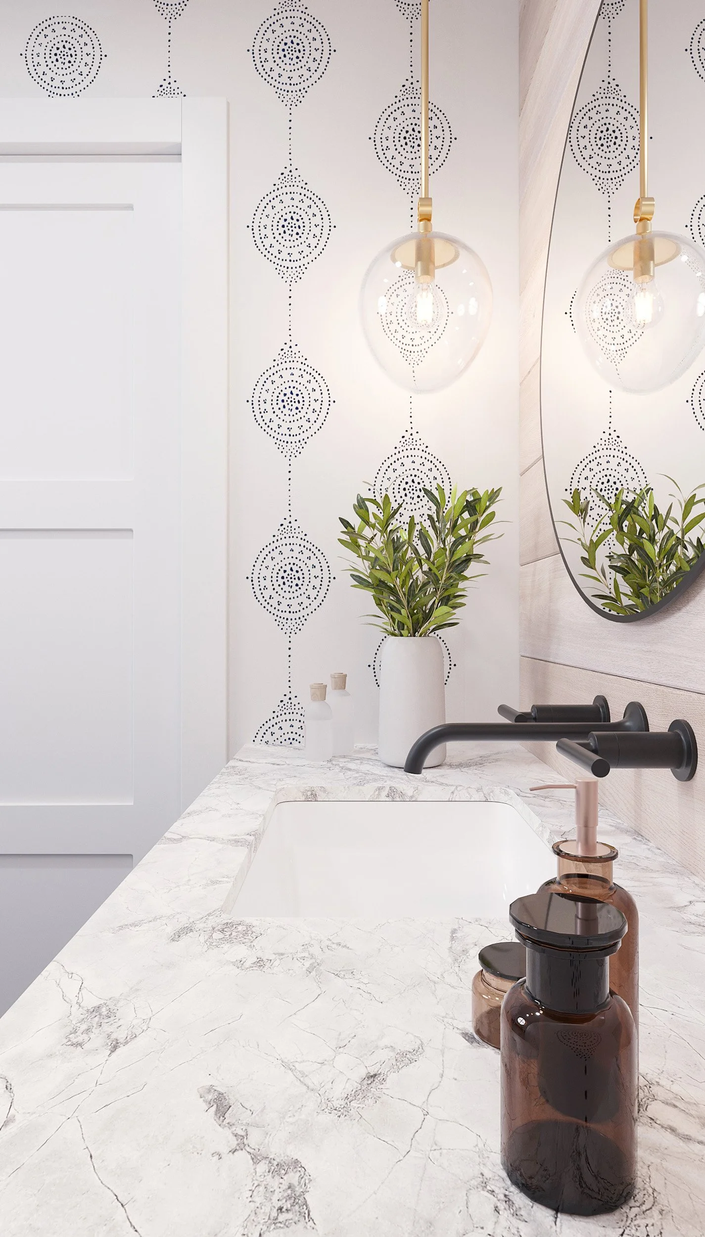 Detail of power room vanity with pendant and wall-mount faucet in Nanny Hangen House in Thornwood, NY.