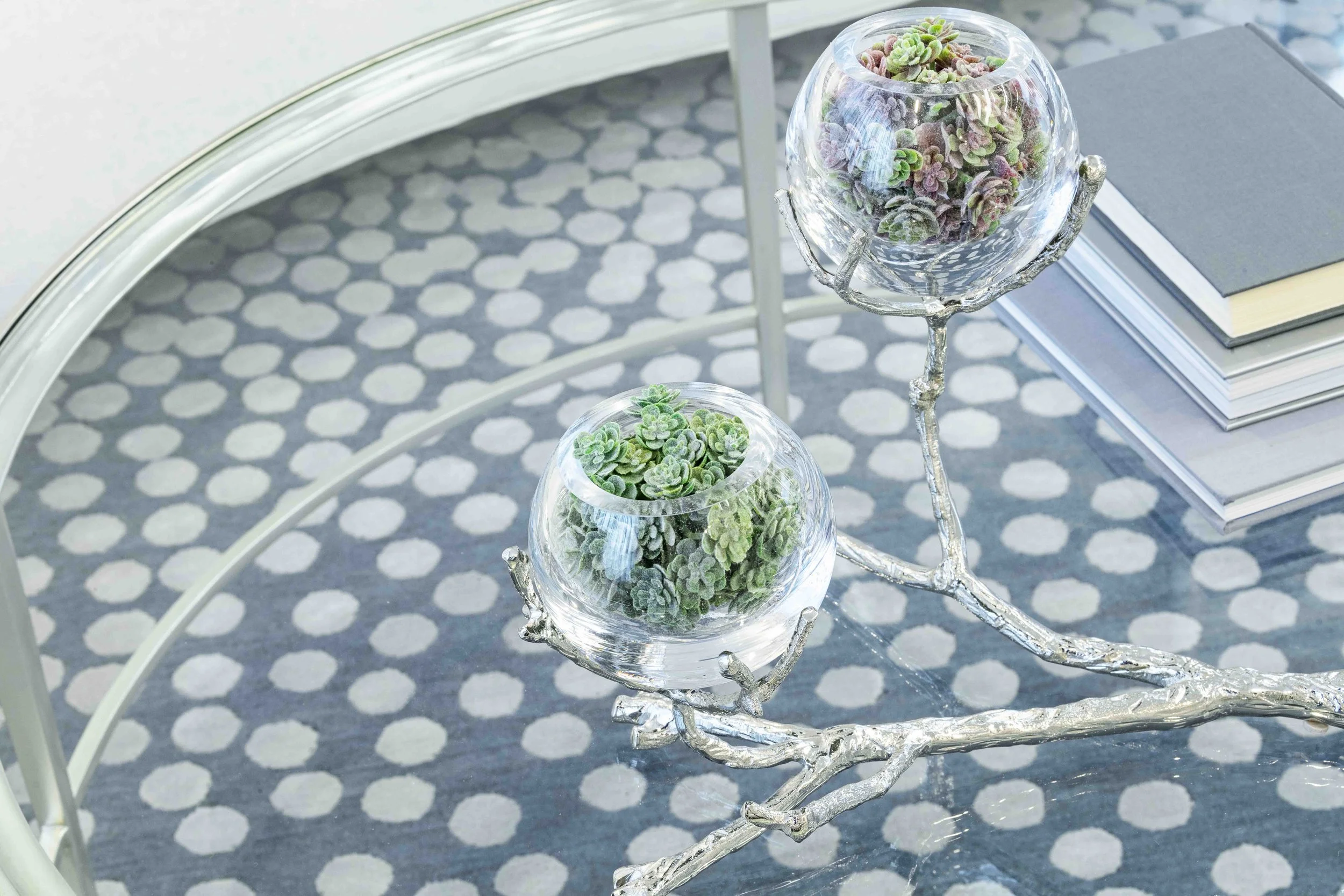 Detail of coffee table and decor in the Glen Oaks living room in Rye, NY.