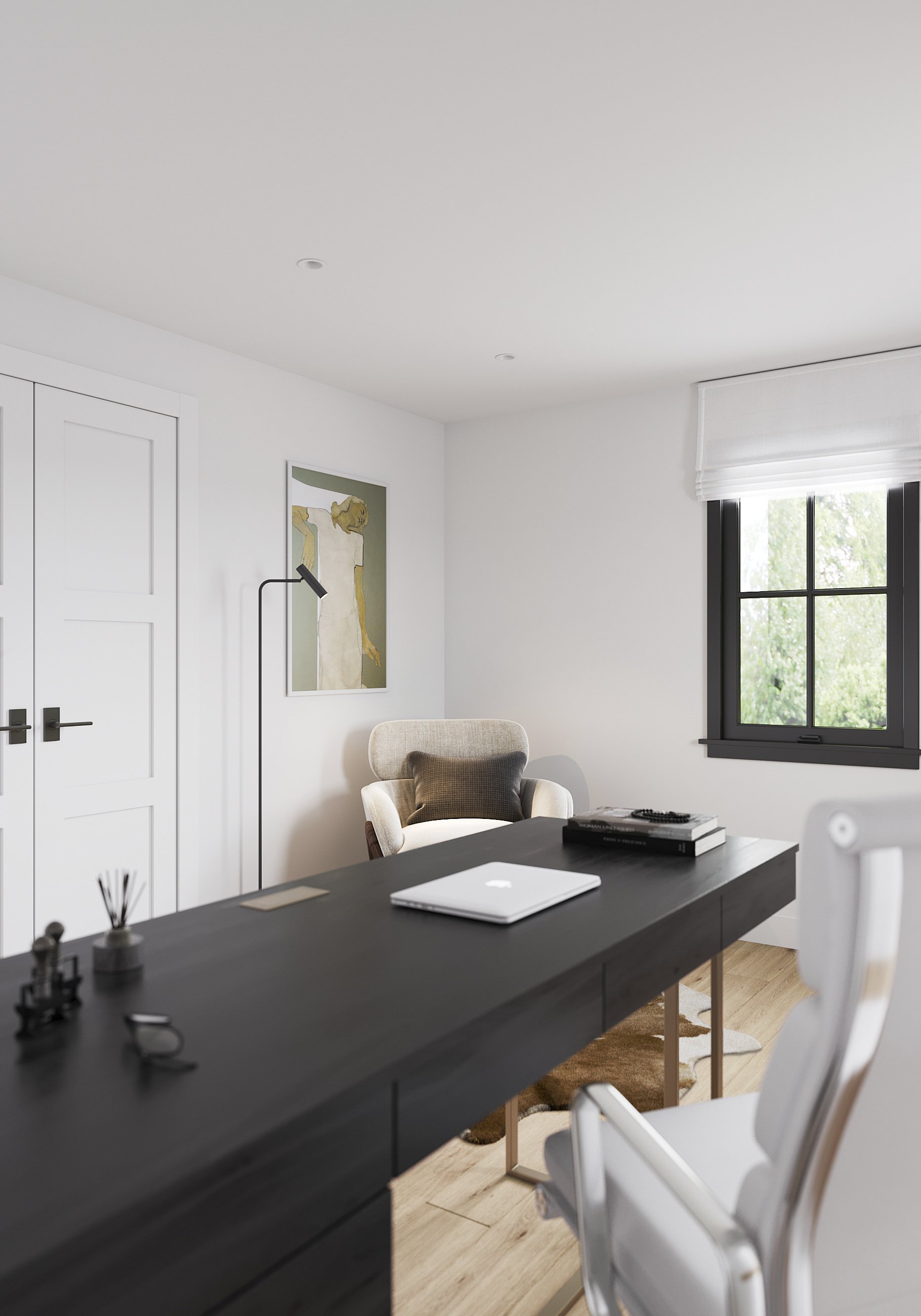 Close-up view of reading nook from desk in Nanny Hagen House in Thornwood, NY.