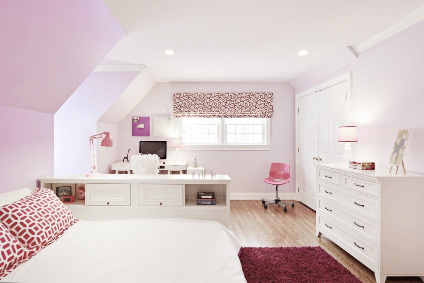 Girl’s bedroom design for the Old Wagon project in Old Greenwich, CT with built-in desk, soft pink palette, and custom storage by Luminosus Designs.