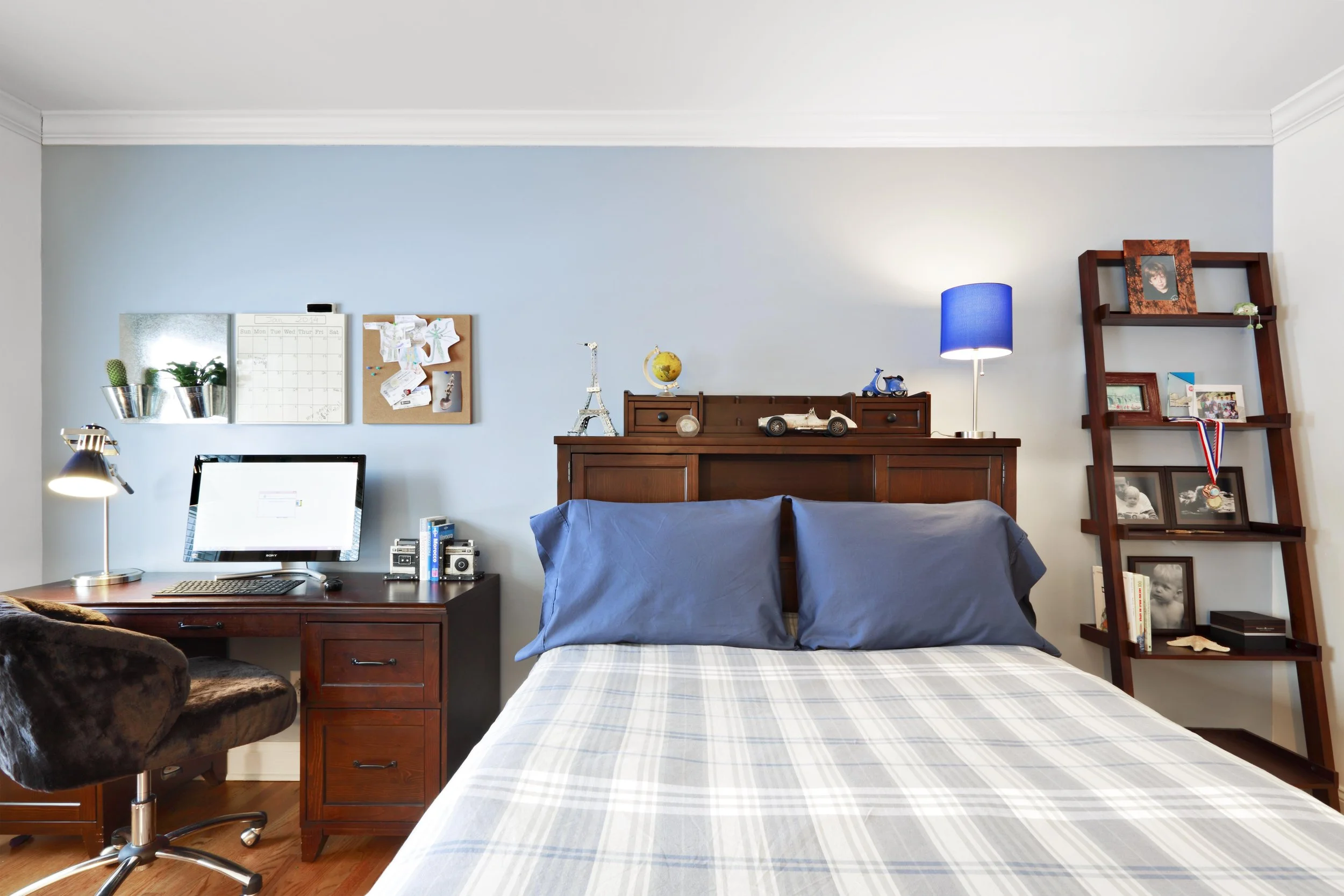 Boy’s bedroom design for the Old Wagon project  in Old Greenwich, CT with a custom bed, integrated desk, and tailored storage by Luminosus Designs.