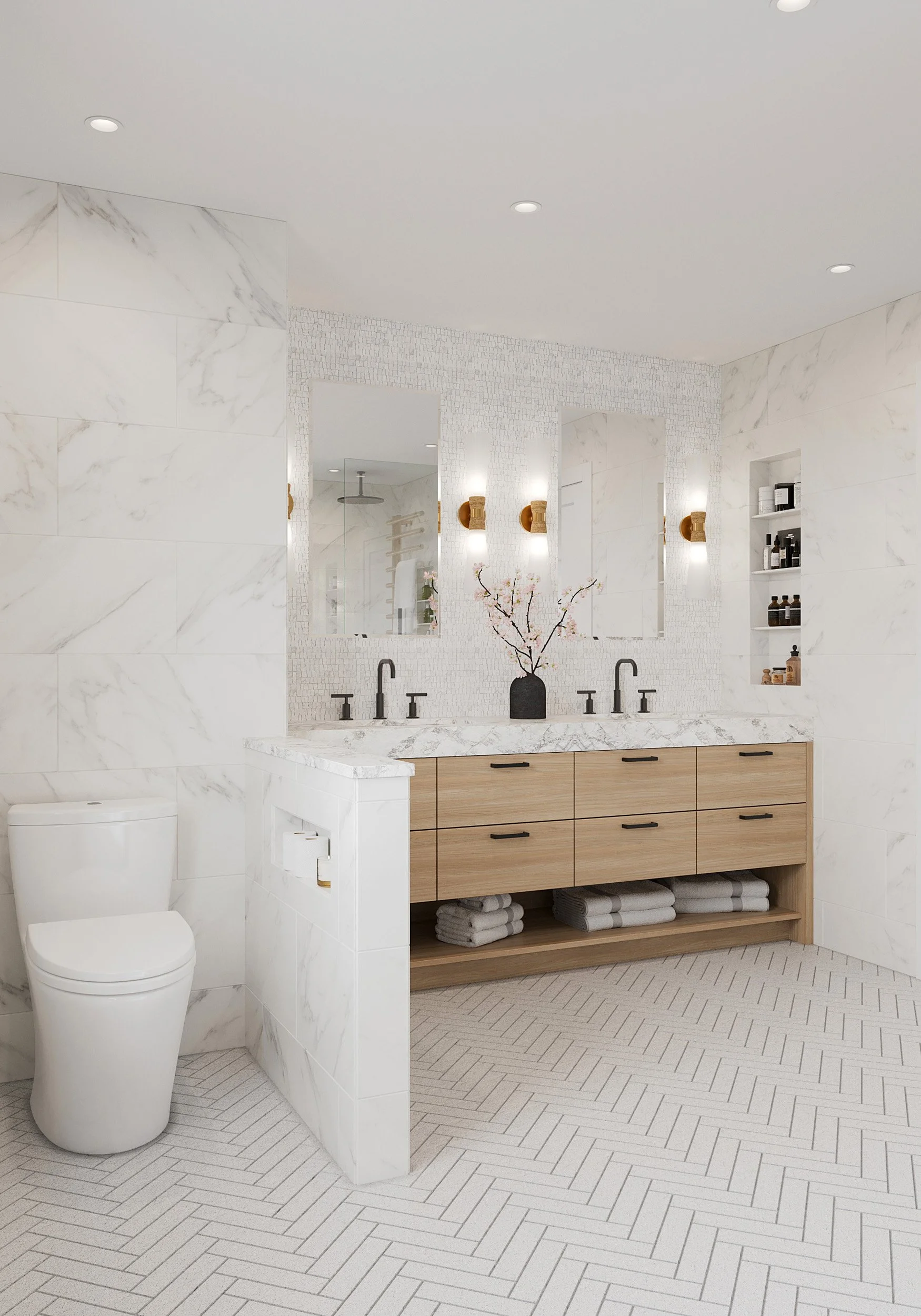 Close-up view of primary bathroom with herring bone stone tile floor in Nanny Hagen House in Thornwood, NY.