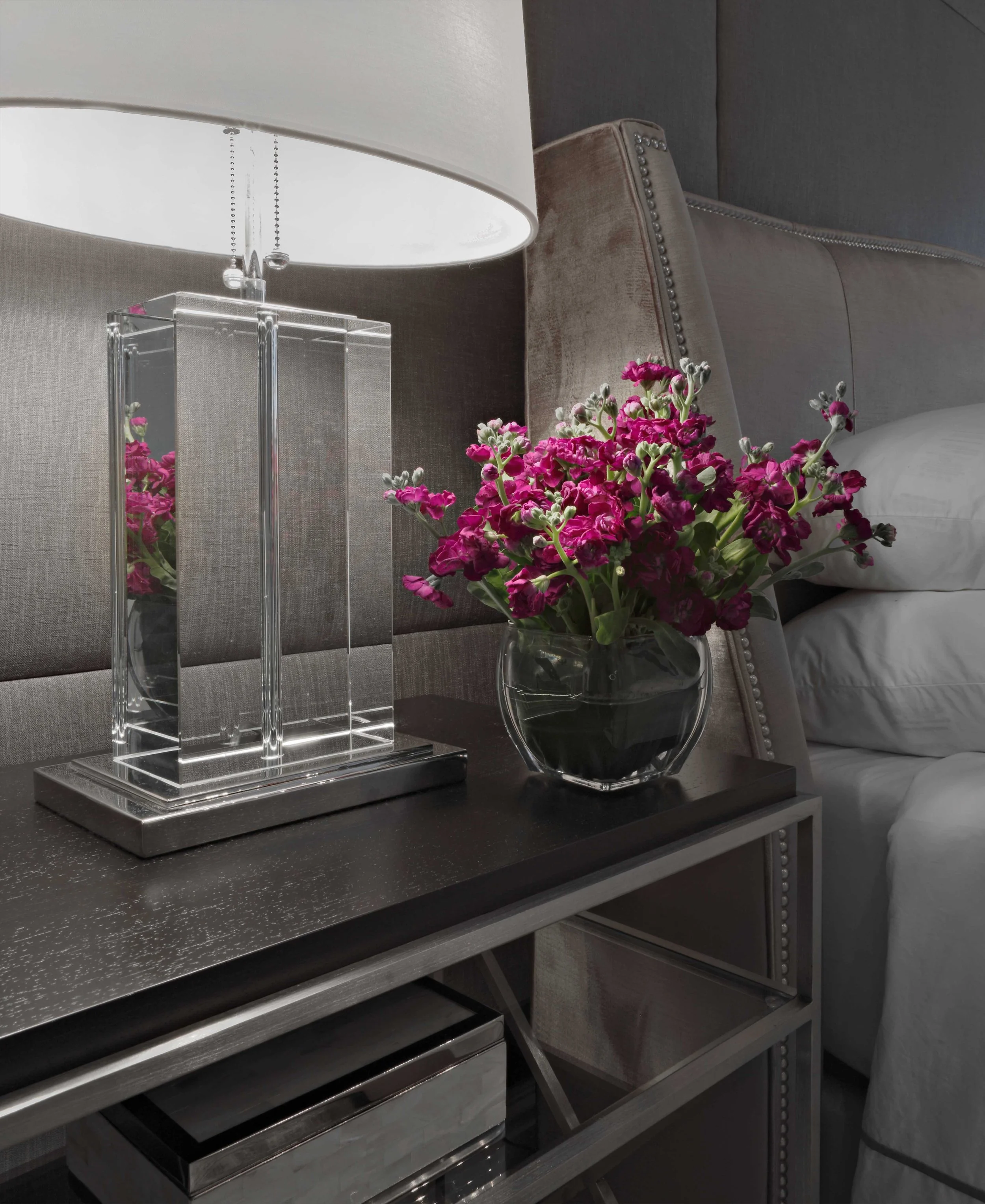 Primary bedroom furniture detail in Parkfield House in Scarsdale NY.